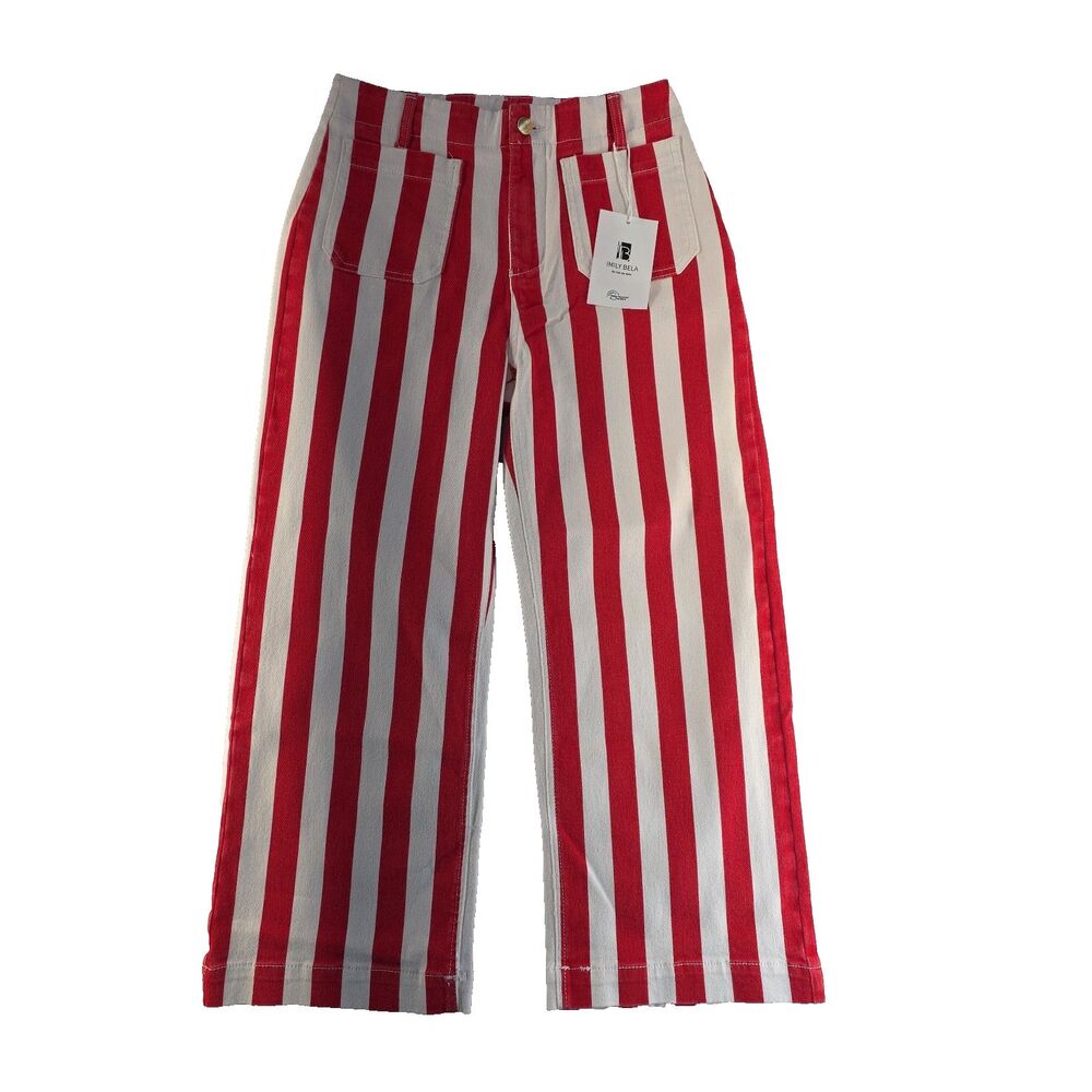 Imily Bela Wide-Leg Cropped High Rise Jeans Vertical Stripe Size 6 Red White NWT